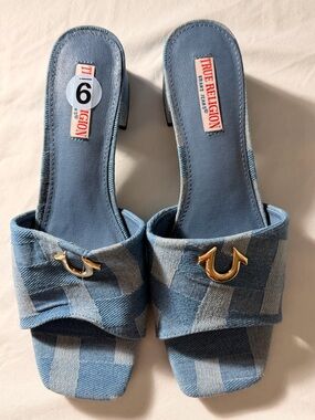 True Religion Light Blue Denim Logo Slide Mules